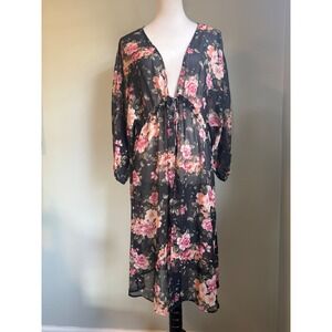 AmericanEagle Floral Kimono Duster Black Pink Sheer whimsigoth Coverup XS S boho
